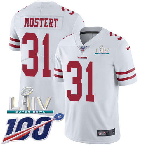 San Francisco 49ers Nike 31 Raheem Mostert White Super Bowl LIV 2020 Men Stitched NFL 100th Season Vapor Untouchable Limited Jersey